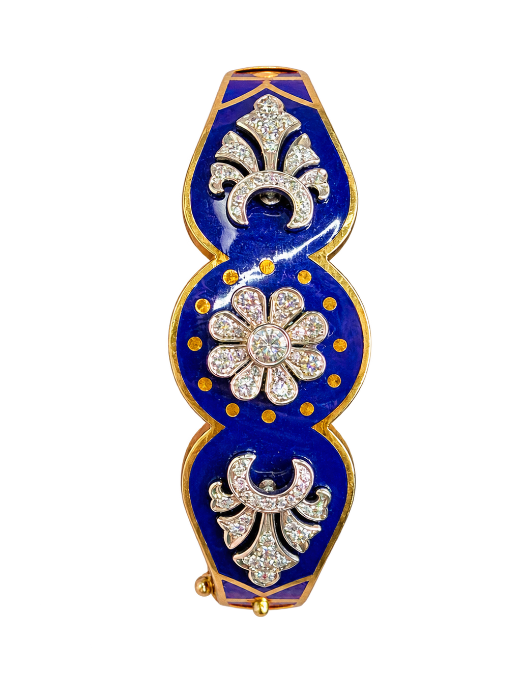 Vintage Natural Diamond and Blue Enamel Hinge Bangle 14k Yellow Gold