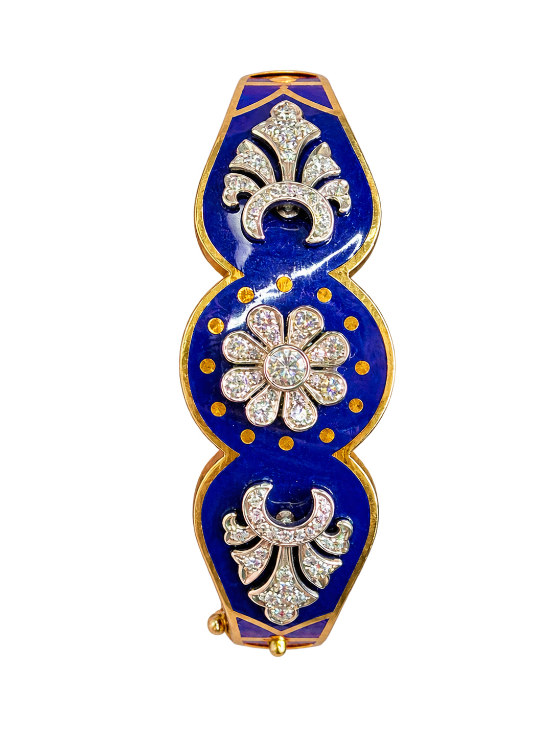 Vintage Natural Diamond and Blue Enamel Hinge Bangle 14k Yellow Gold