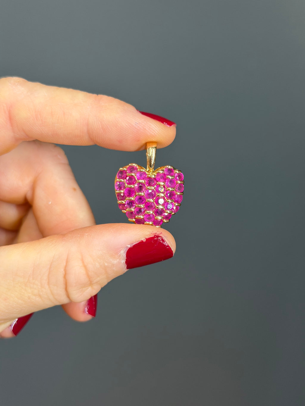 Vintage Natural Ruby Puffed Heart Enhancer Pendant, 14k Yellow Gold