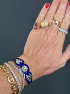 Vintage Natural Diamond and Blue Enamel Hinge Bangle 14k Yellow Gold