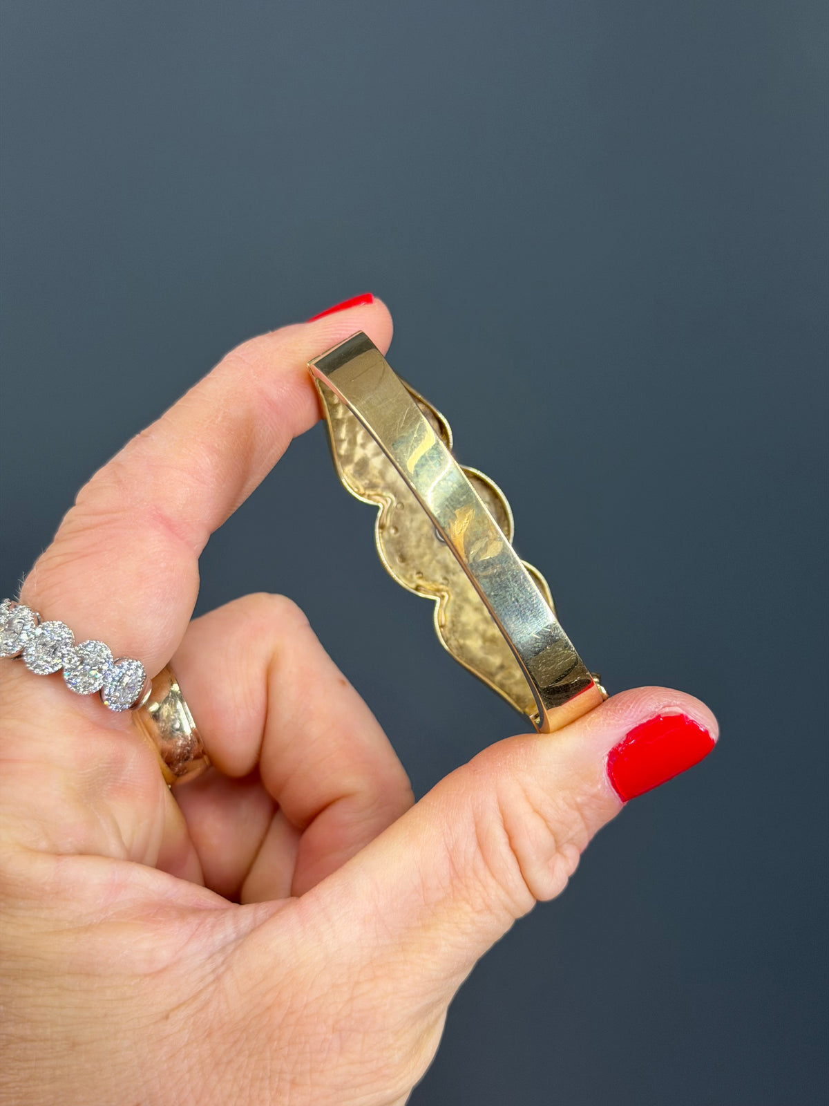 Vintage Natural Diamond and Blue Enamel Hinge Bangle 14k Yellow Gold