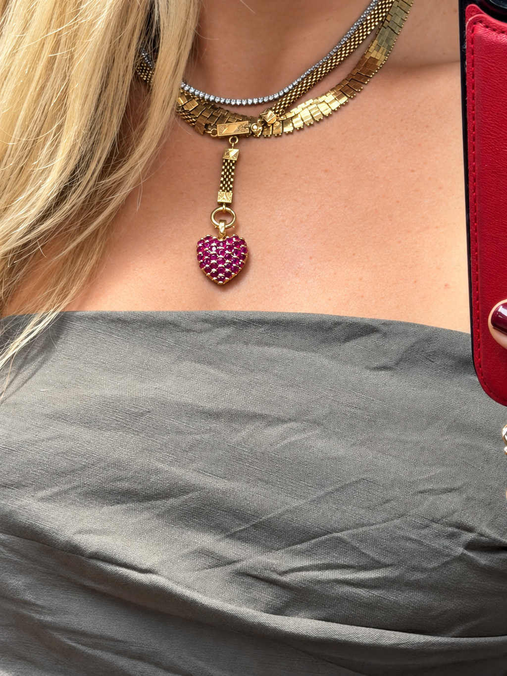 Vintage Natural Ruby Puffed Heart Enhancer Pendant, 14k Yellow Gold
