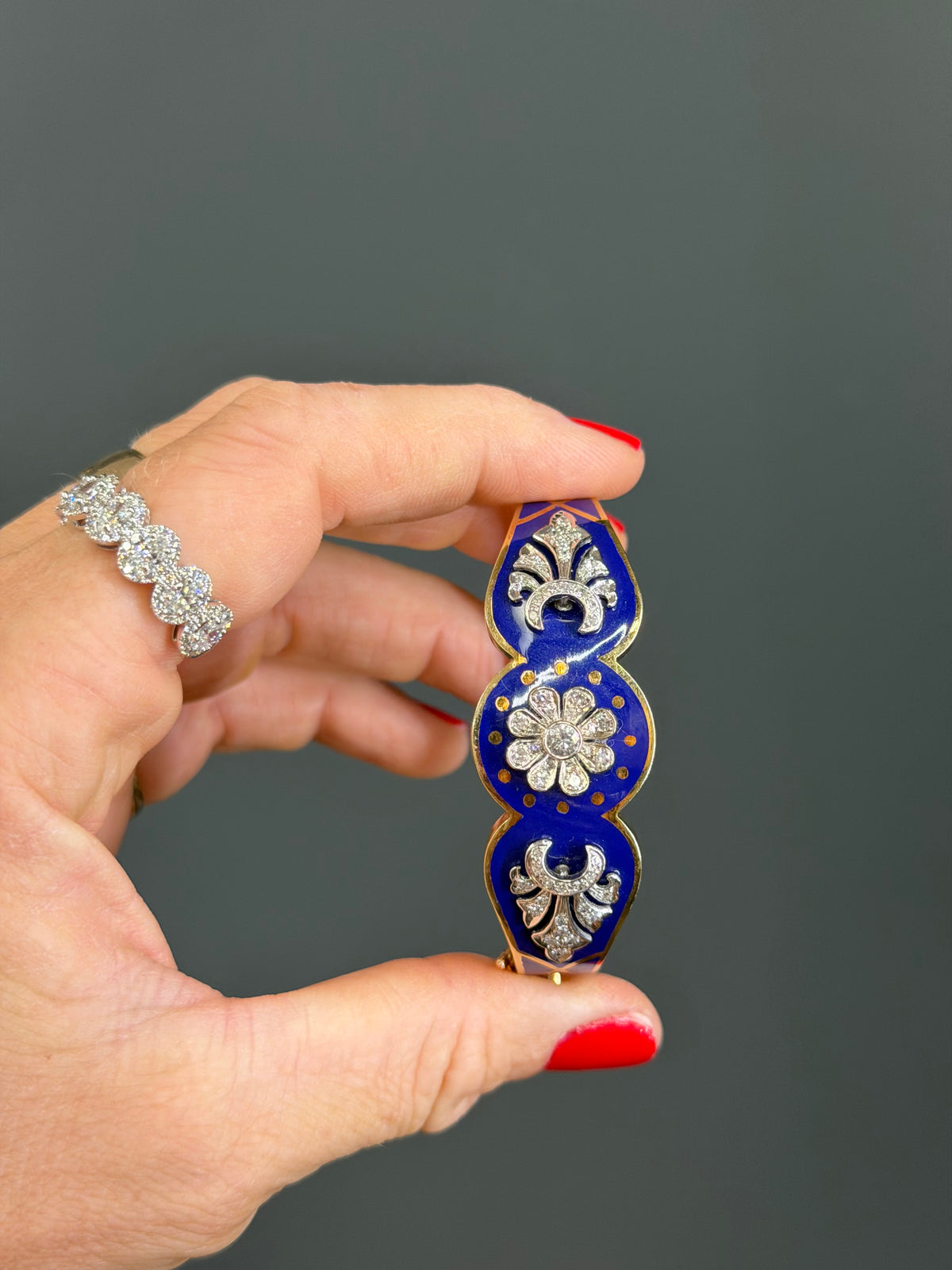 Vintage Natural Diamond and Blue Enamel Hinge Bangle 14k Yellow Gold
