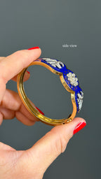 Vintage Natural Diamond and Blue Enamel Hinge Bangle 14k Yellow Gold