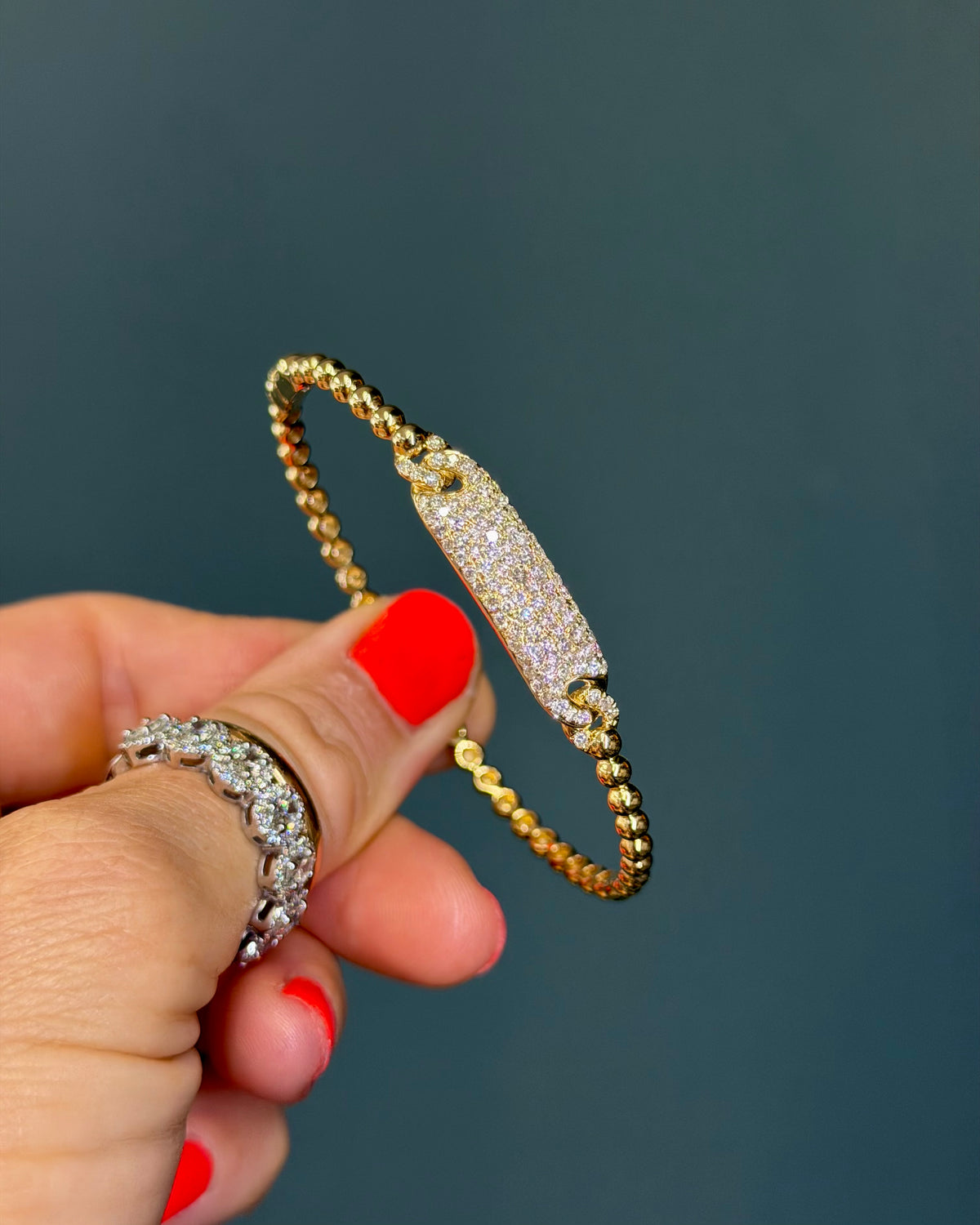 Beaded 14k Yellow Gold Natural Diamond Bar Bangle