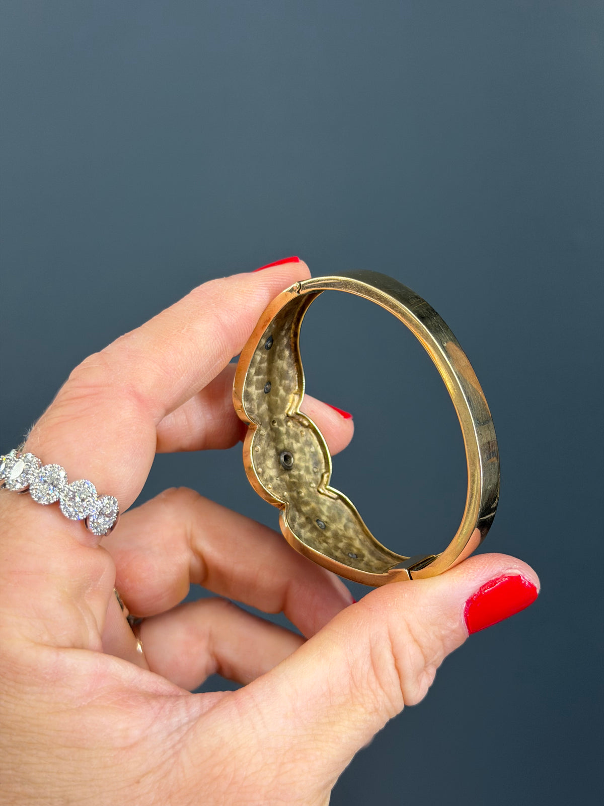 Vintage Natural Diamond and Blue Enamel Hinge Bangle 14k Yellow Gold