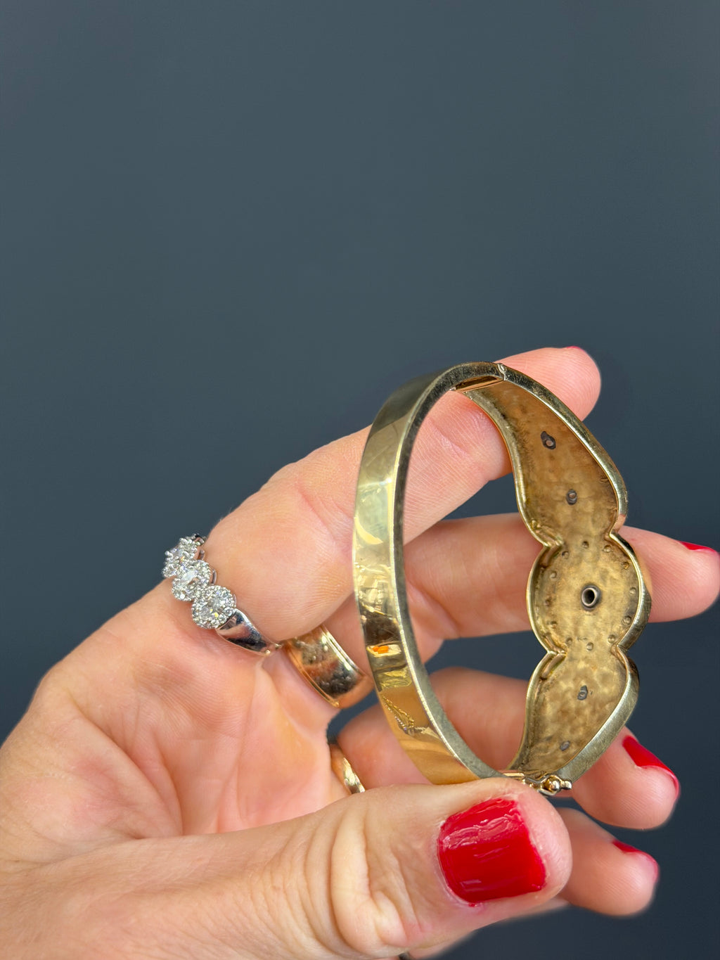 Vintage Natural Diamond and Blue Enamel Hinge Bangle 14k Yellow Gold