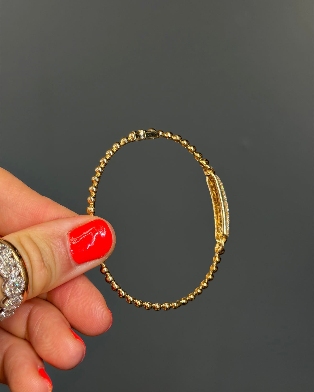 Beaded 14k Yellow Gold Natural Diamond Bar Bangle