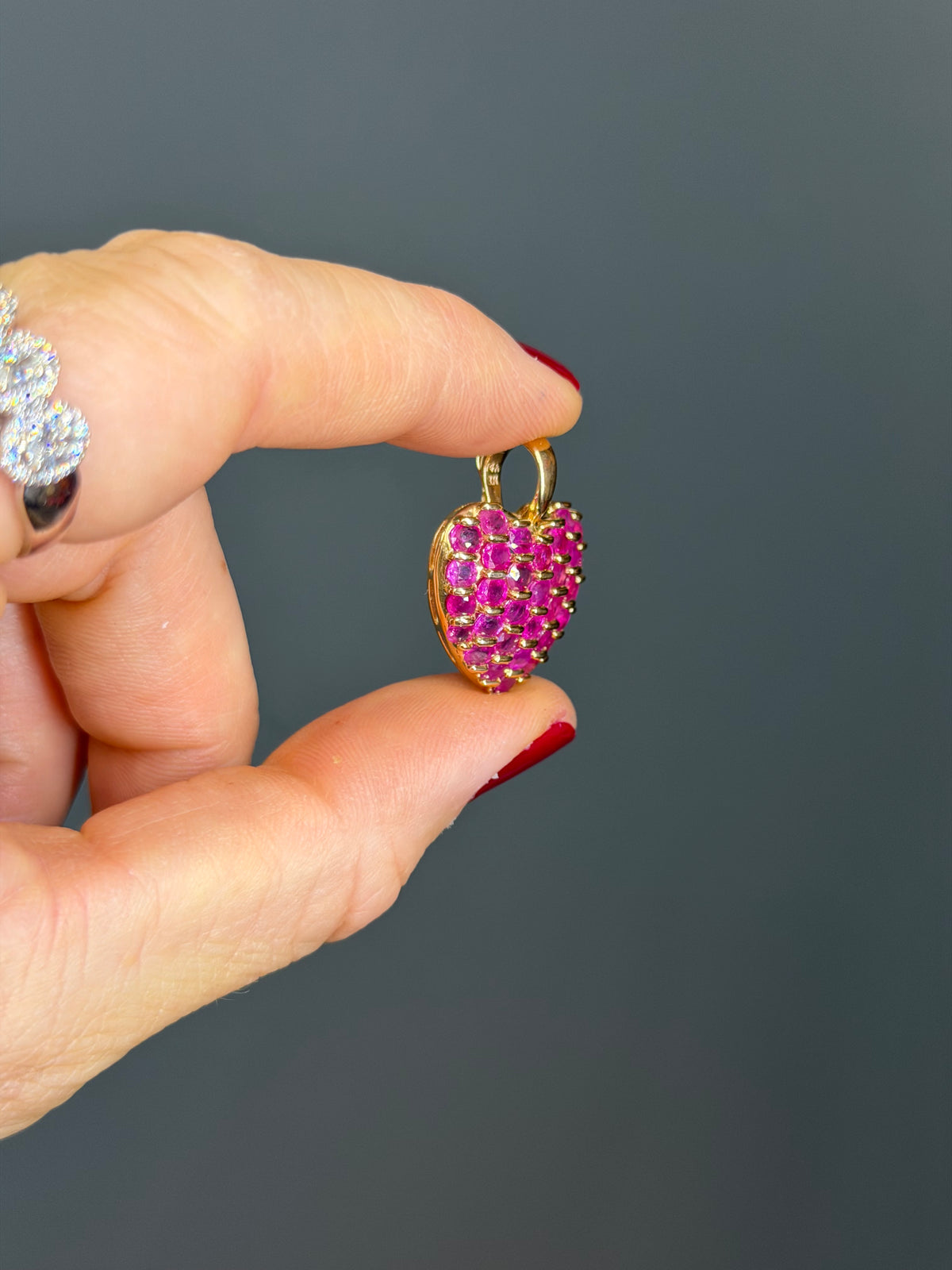 Vintage Natural Ruby Puffed Heart Enhancer Pendant, 14k Yellow Gold