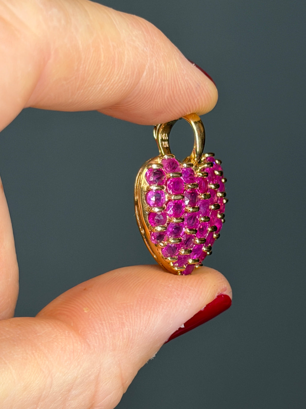 Vintage Natural Ruby Puffed Heart Enhancer Pendant, 14k Yellow Gold
