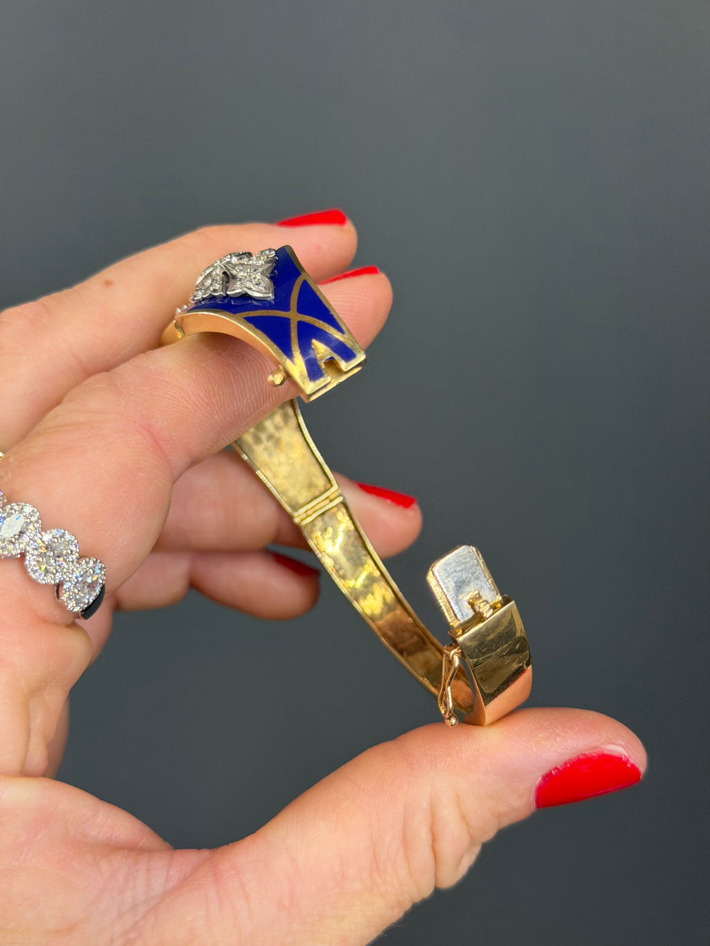 Vintage Natural Diamond and Blue Enamel Hinge Bangle 14k Yellow Gold
