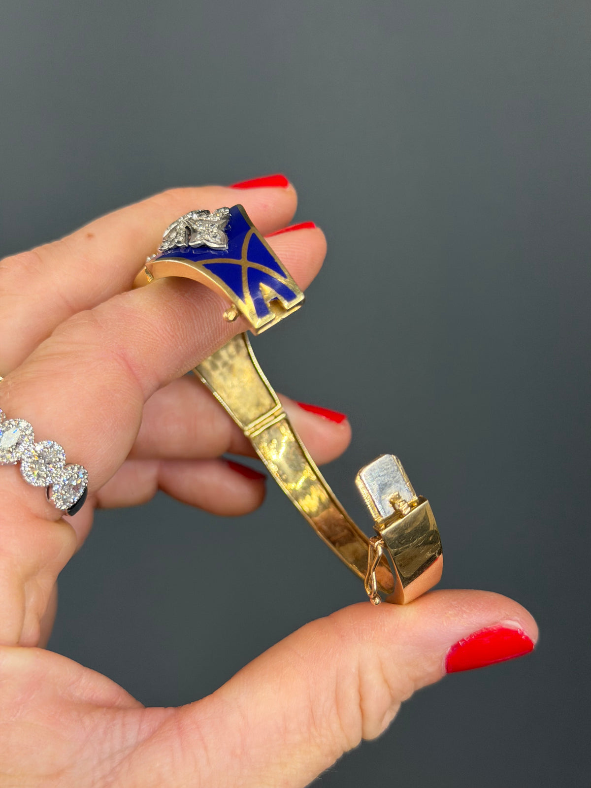 Vintage Natural Diamond and Blue Enamel Hinge Bangle 14k Yellow Gold