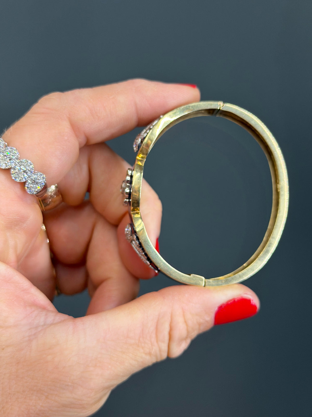 Vintage Natural Diamond and Blue Enamel Hinge Bangle 14k Yellow Gold