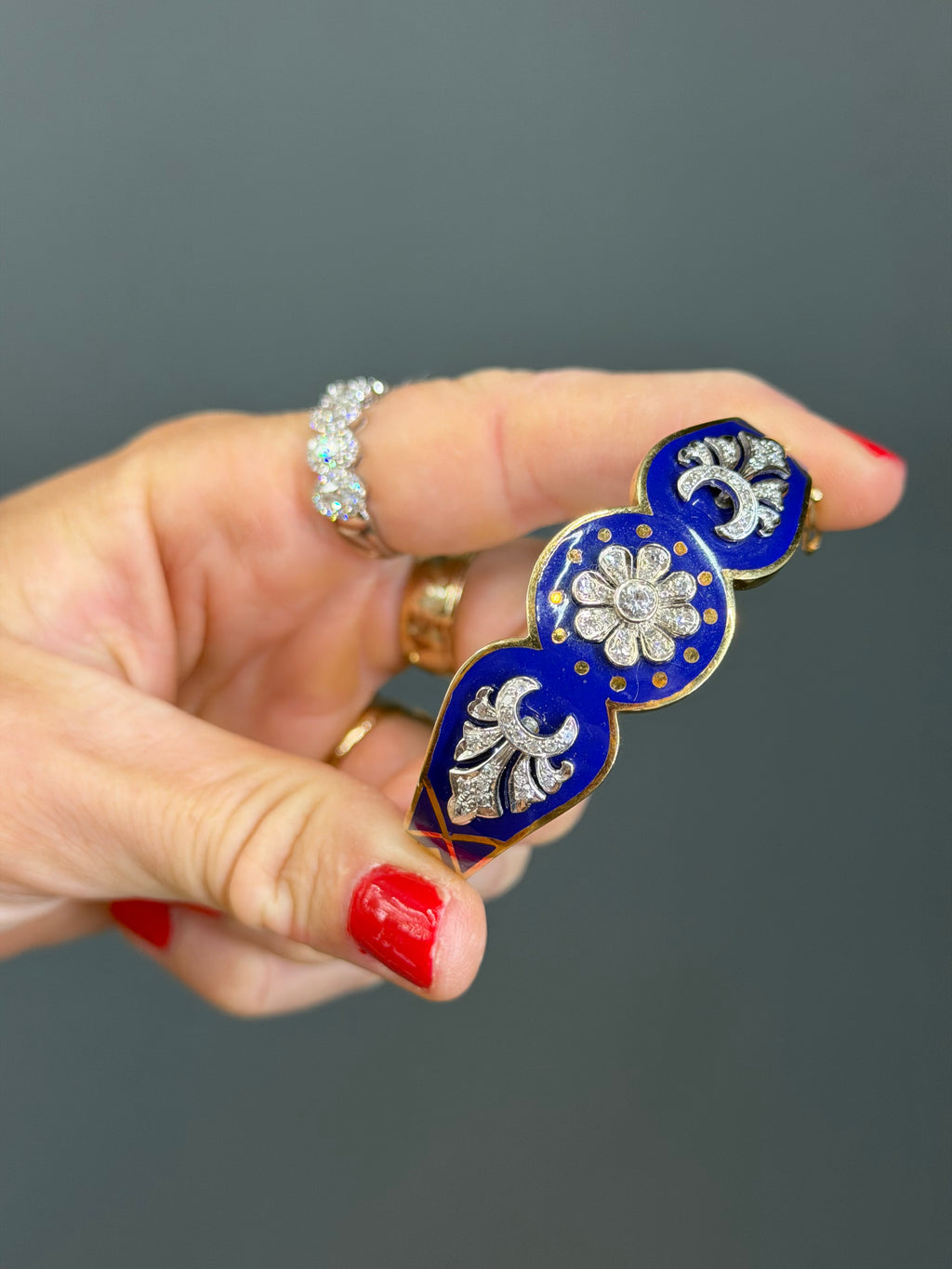 Vintage Natural Diamond and Blue Enamel Hinge Bangle 14k Yellow Gold