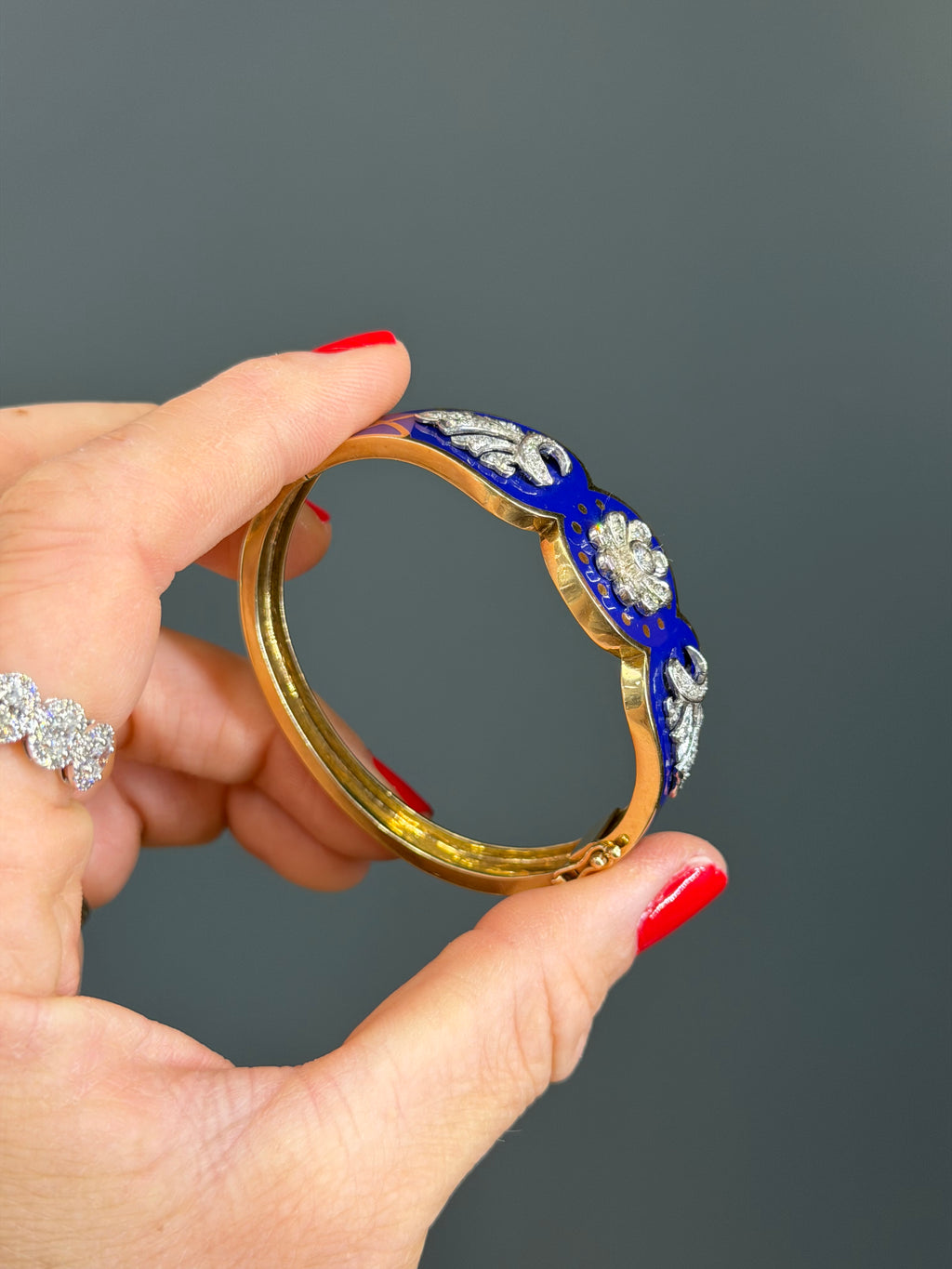 Vintage Natural Diamond and Blue Enamel Hinge Bangle 14k Yellow Gold