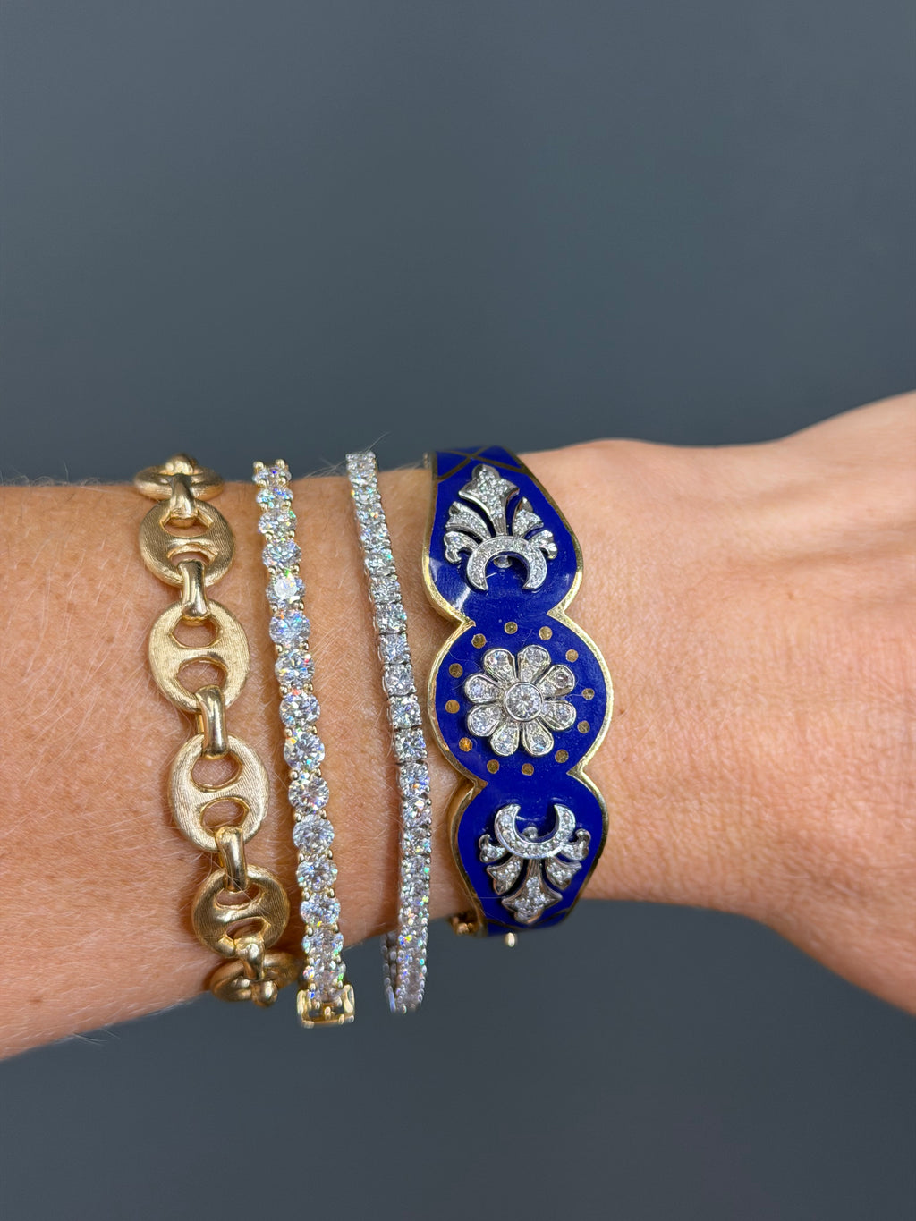 Vintage Natural Diamond and Blue Enamel Hinge Bangle 14k Yellow Gold
