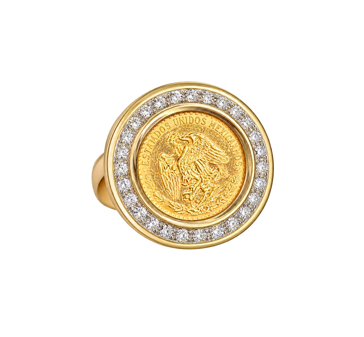 Dos Pesos 22k Coin Ring 14k Diamond Halo Bezel