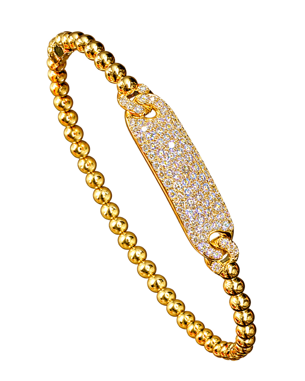 Beaded 14k Yellow Gold Natural Diamond Bar Bangle