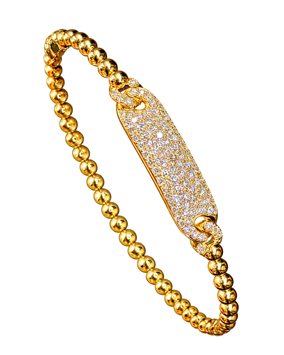Beaded 14k Yellow Gold Natural Diamond Bar Bangle