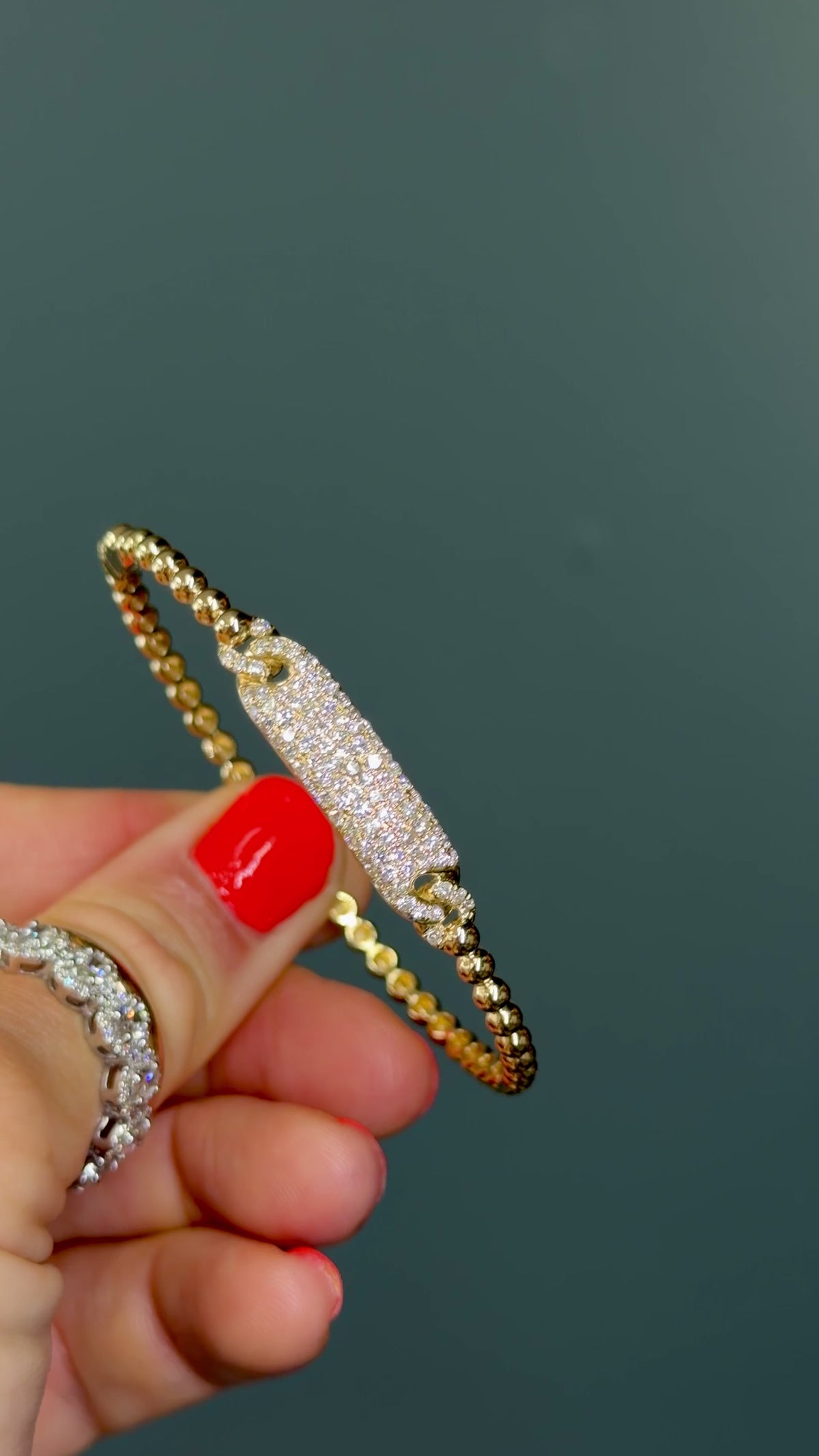 Beaded 14k Yellow Gold Natural Diamond Bar Bangle